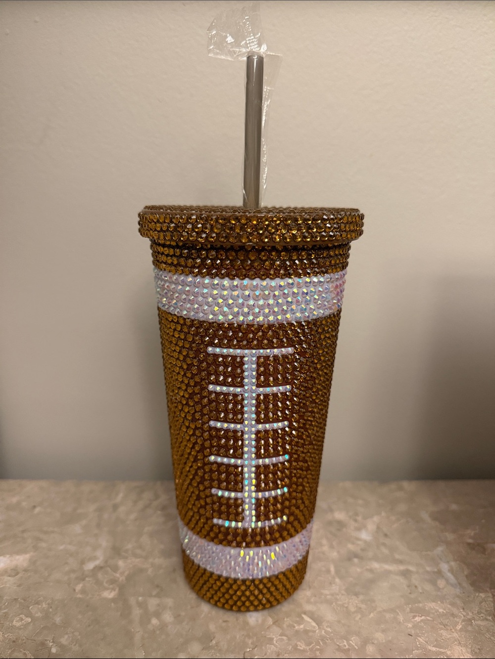 Rhinestone Football Tumbler Cup - Brown & White Crystals